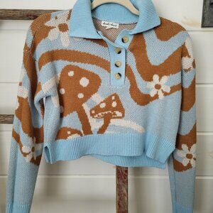 Derek & Heart Blue and Orange Cropped Mushroom Sweater